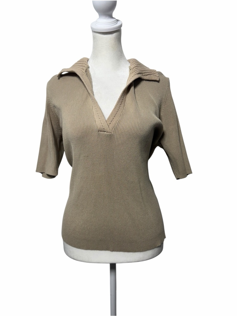 H by Halston Beige Ribbed Knit Collared V Neck Top Half Sleeve Sz XL